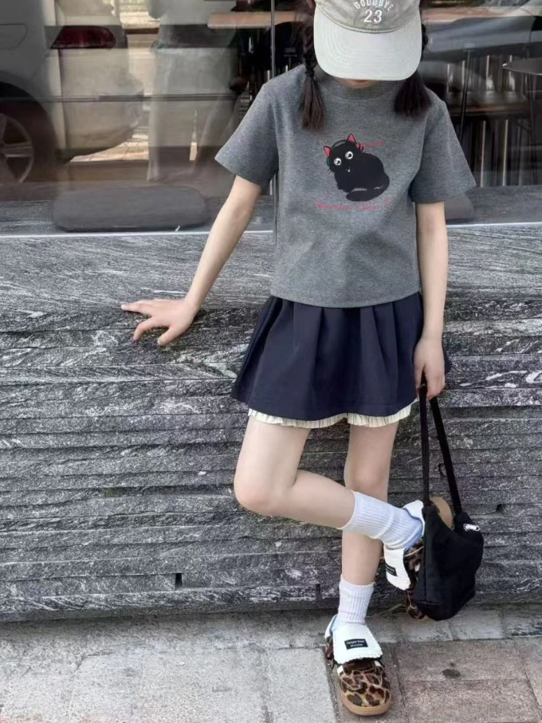 &苏珊&2025新款夏款黑色猫咪T短裙套装mx韩版25717