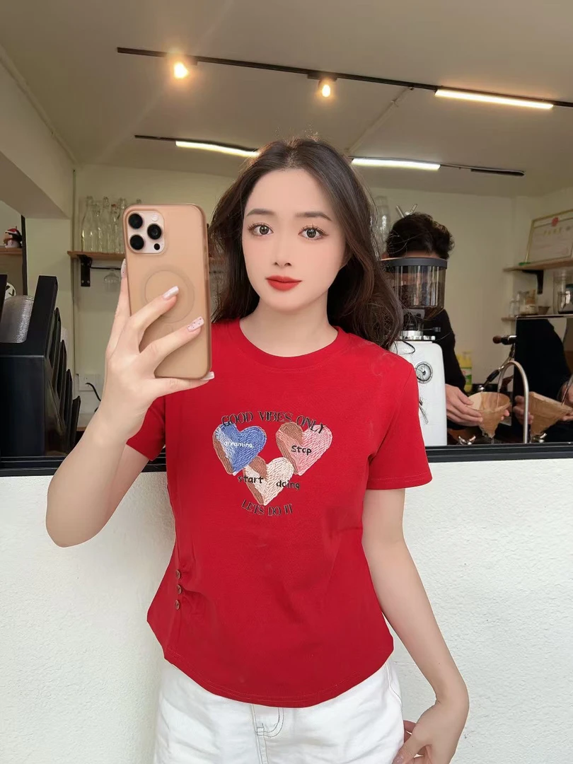 【亏本清仓】9126爱心短袖女夏新款短款T恤小衫设计感小心机上衣