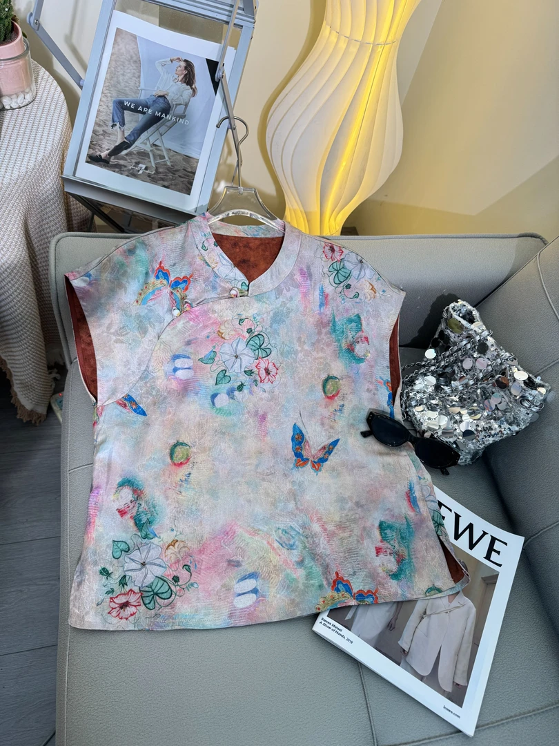 【幻玲珑】轻奢风夏季清爽百搭上衣文艺新款气质桑蚕丝斜门襟小衫