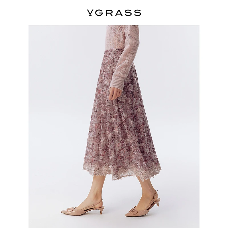 VGRASS80万针绣花半身裙25年春季新款仿手绣钩针半裙VSB2Q1055A