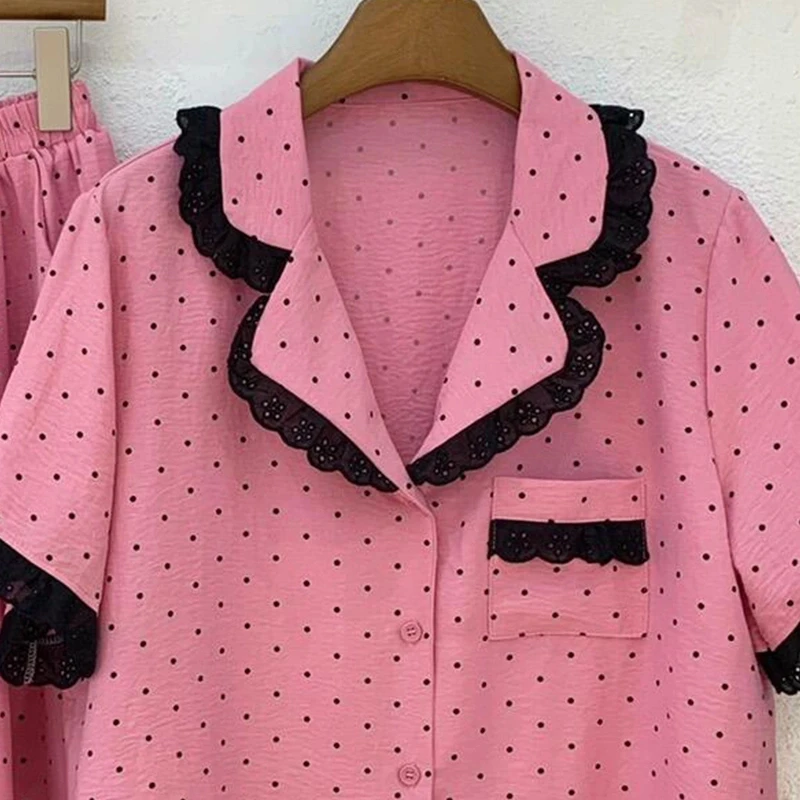 宽松休闲慵懒风睡衣女夏季开衫短袖长裤蕾丝边波点印花套装可外穿