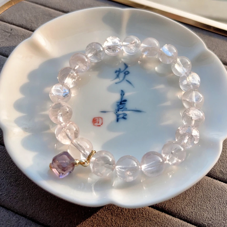 【春花】天然电光彩虹粉晶粉阿塞紫水晶小挂件手串