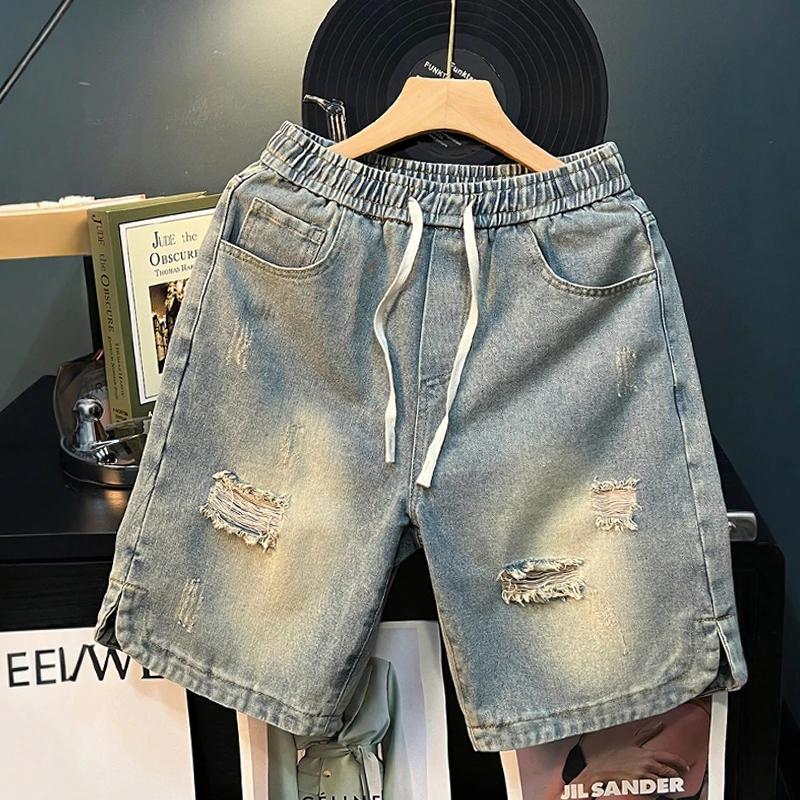 专柜高端美式高街破洞牛仔短裤男宽松直筒水洗做旧百搭休闲五分裤