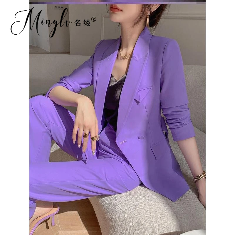 高端温柔梦幻紫色西装外套女秋季优雅气质设计感系带西服职业套装