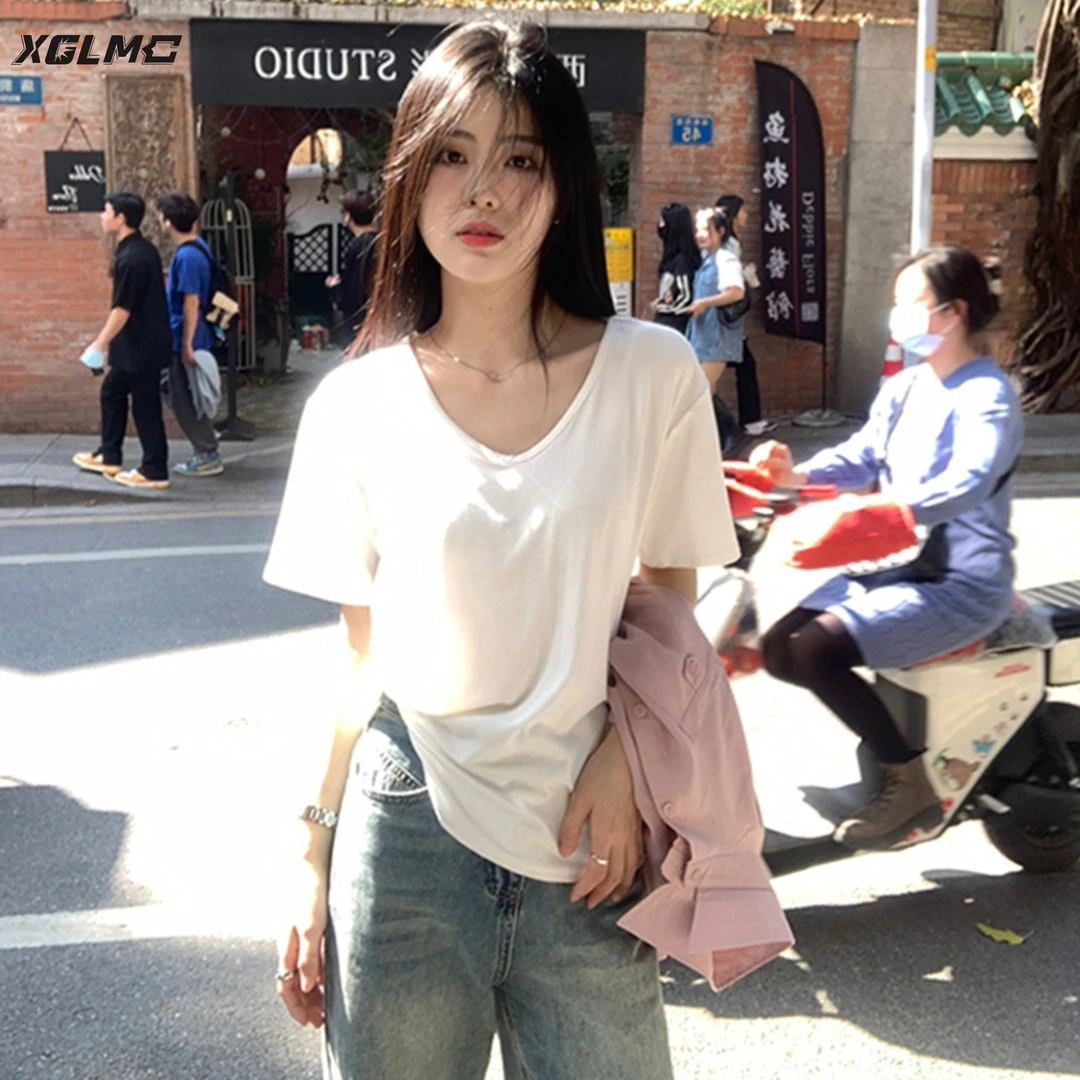 百搭白色短袖t恤女夏季新款v领白t慵懒感宽松上衣内搭女打底衫