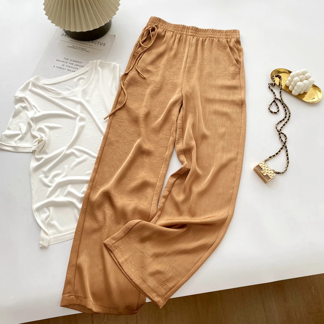 5139冰丝缎面提花阔腿裤女夏薄款新款防晒裤凉凉裤缎面直筒裤休闲