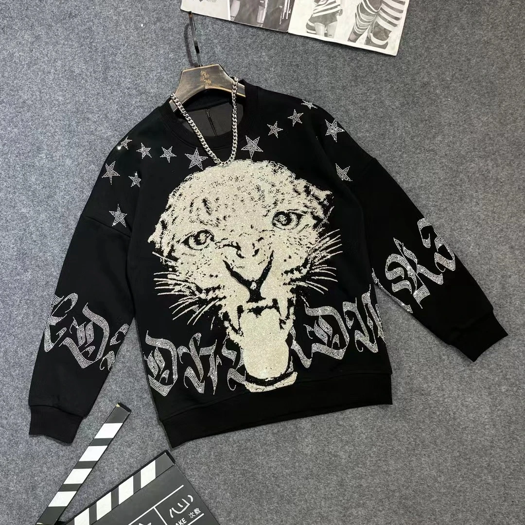 蕴格 11807新款TC老虎翅膀潮牌烫钻满钻卫衣男大码潮宽松韩版卫衣
