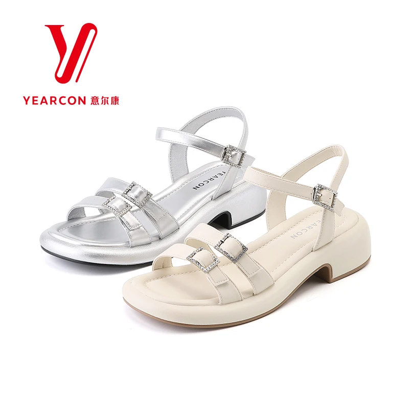 意尔康凉鞋女2025新款夏季一字带粗跟中跟凉鞋女10629U