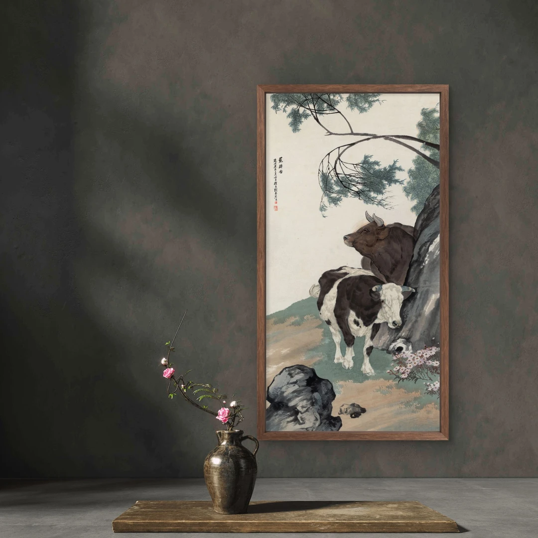 155-35*68双牛图中式装饰画木框玄关书房茶室客厅挂画