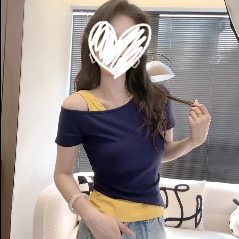 梦优莱假两件高级感单吊带设计短袖T恤女夏季新款修身显瘦上衣