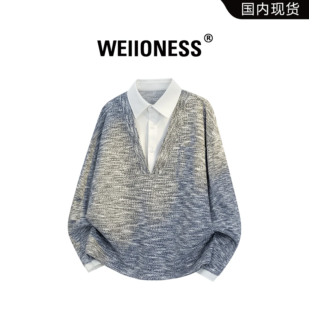 WEIIONESS韩系假两件拼接撞色衬衫领卫衣男秋季休闲痞帅百搭上衣
