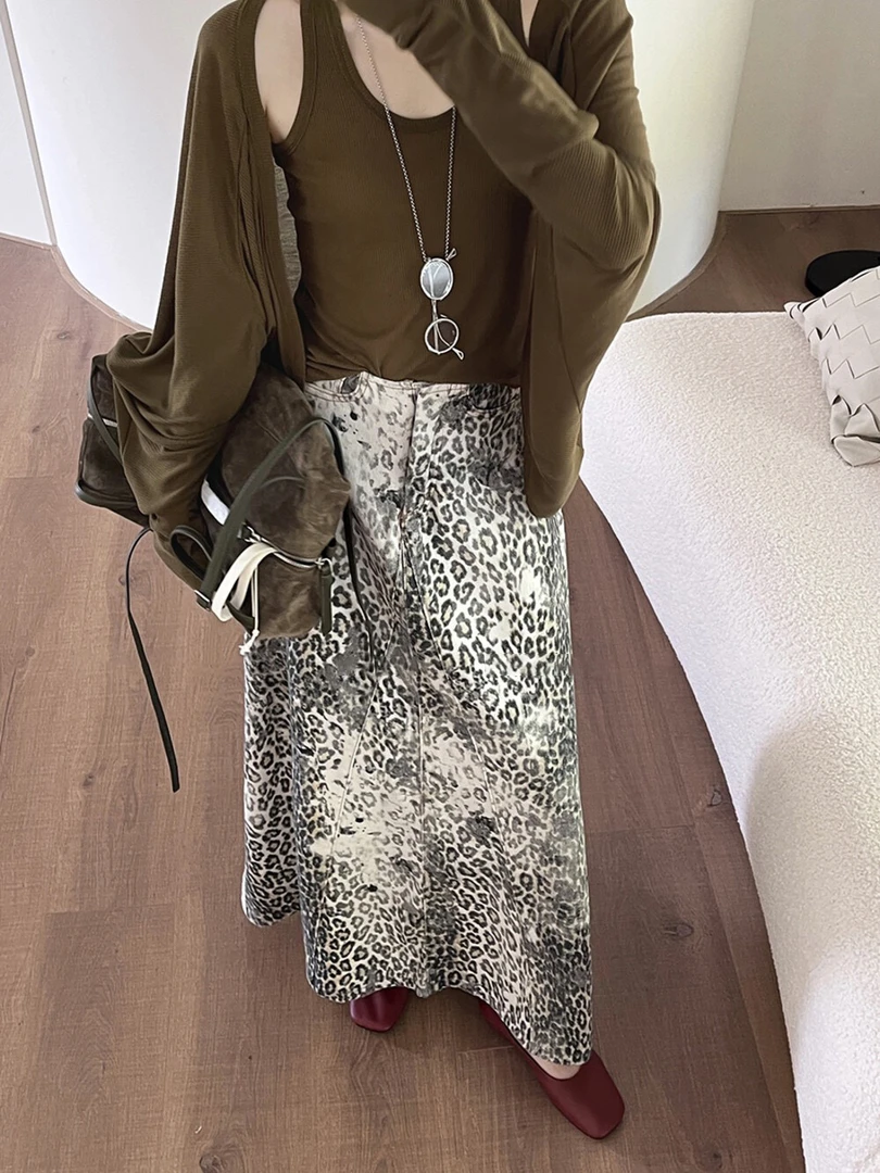 气质高级感套装背心吊带背心开衫女秋季裙子豹纹半身裙两件套
