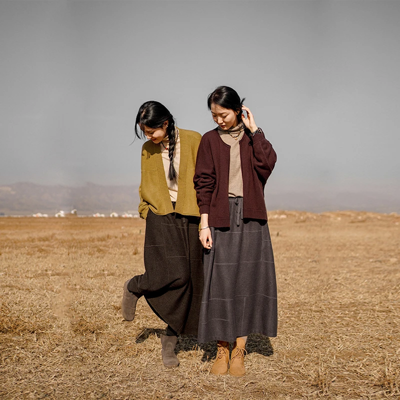 润帛 加密加厚针织羊绒方格抽绳裙 显瘦双兜A字打底一步伞裙女