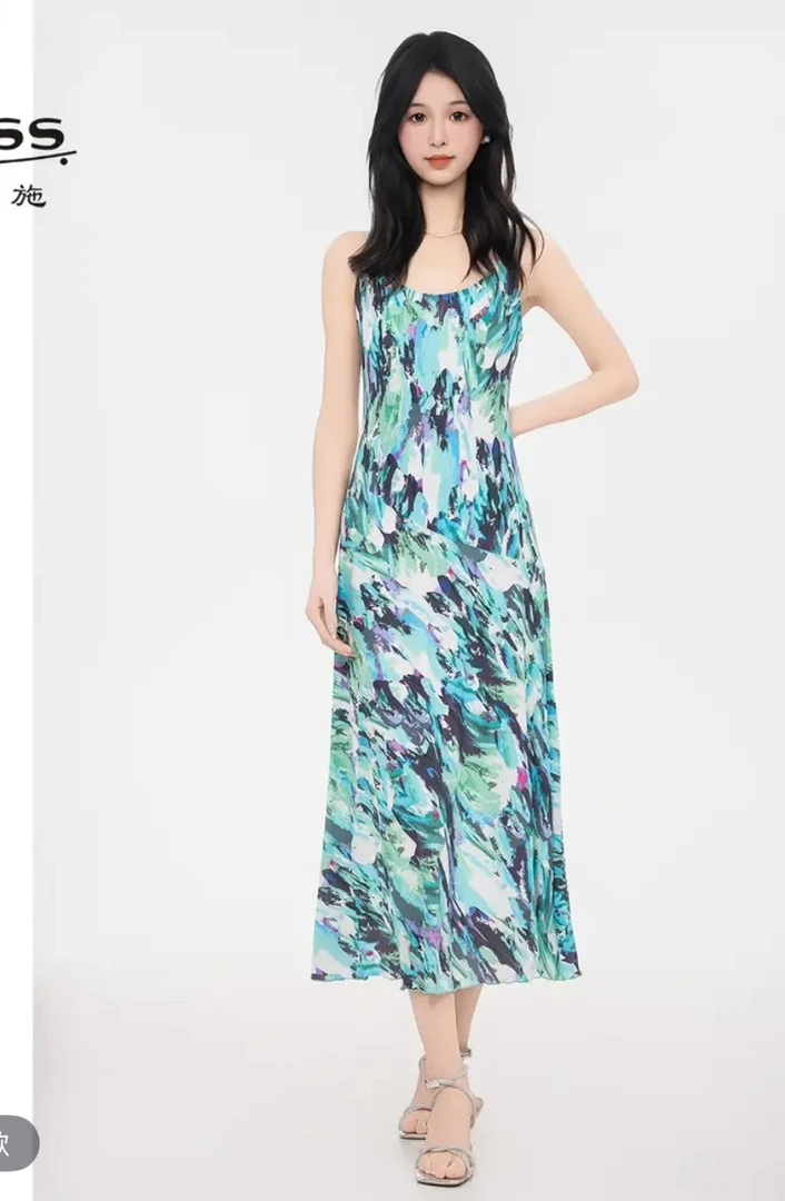 夏季新款气质修身印花中长款吊带连衣裙女550010-2A