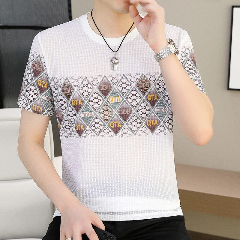 高端格子花纹男士短袖T恤2025新款夏季轻奢气质休闲圆领冰丝上衣