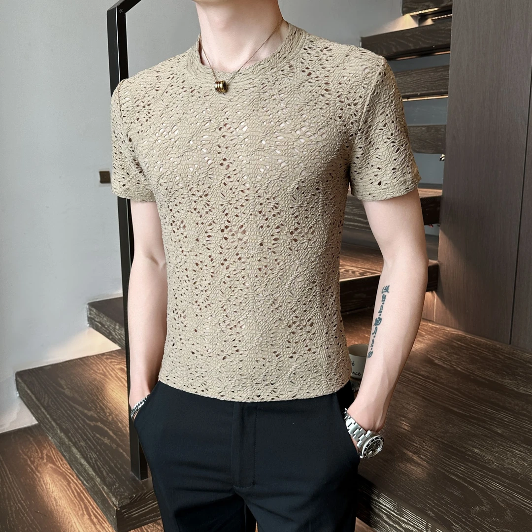 夏季镂空短袖t恤高级感新款网红痞帅男装潮流修身休闲半袖上衣男