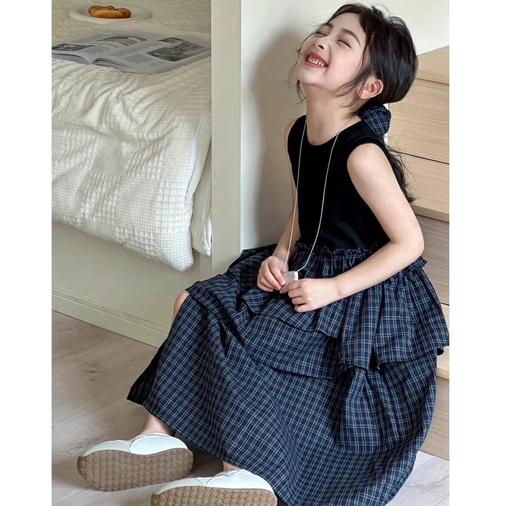 女童连衣裙夏装2025新款无袖背心裙子不规则洋气拼接女大童格子裙
