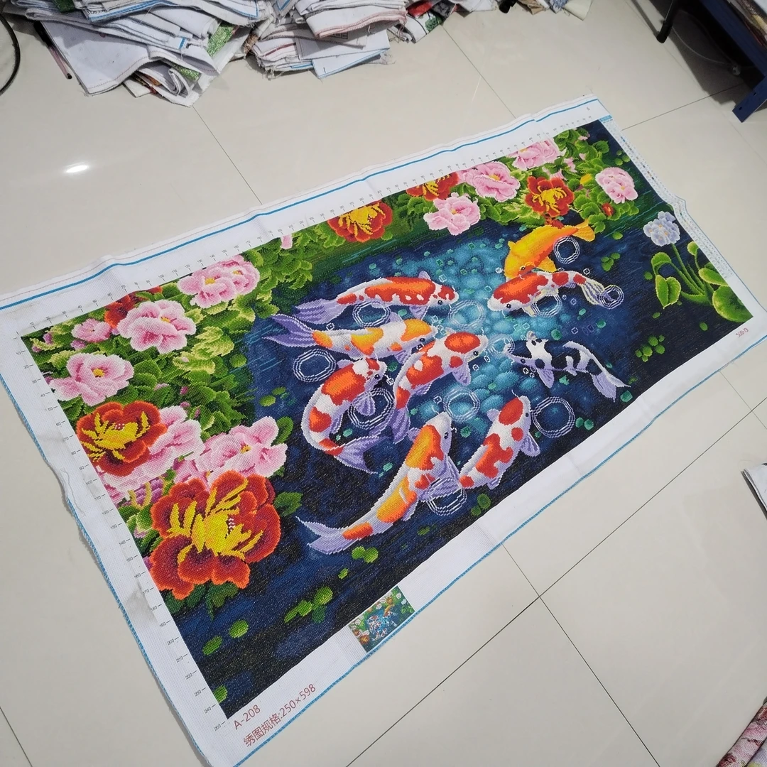 纯手工绣好的十字绣成品九鱼图富贵牡丹九鱼聚财新款客厅装饰挂画