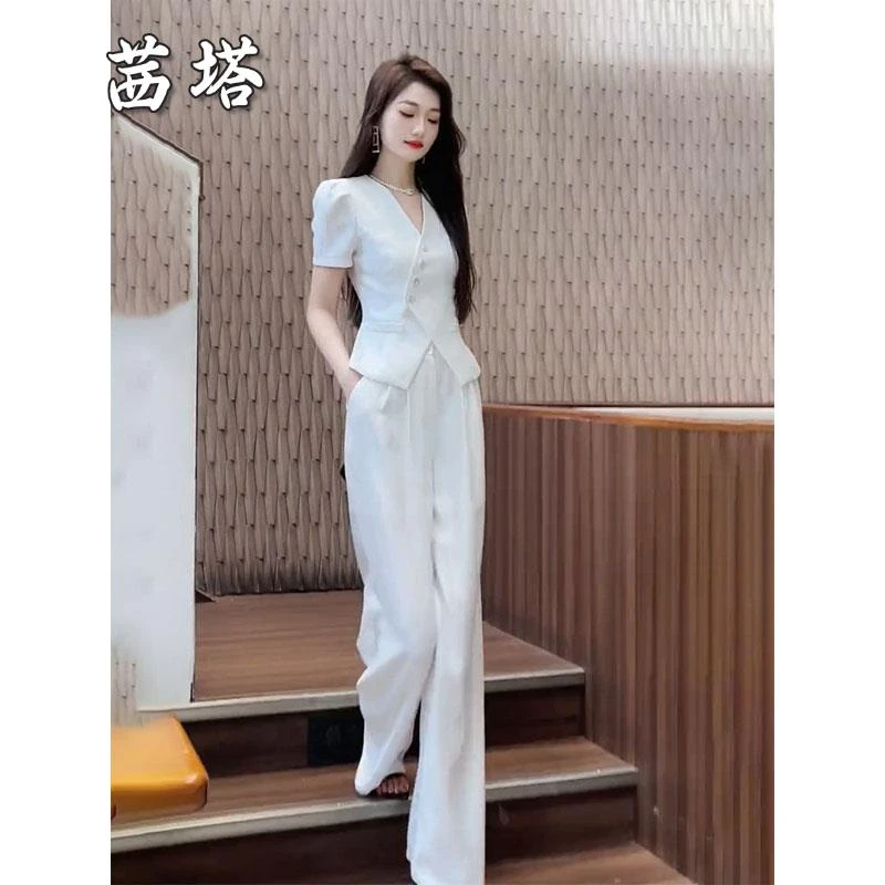 高雅时尚套装女2025夏季新款高级斜纽扣小西服上衣气质长裤两件套