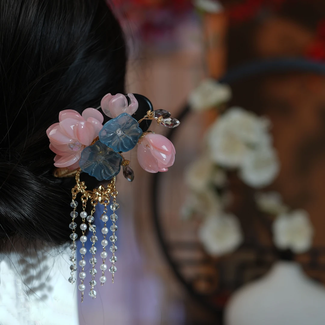 恬奇家a783“荷叶花花”高定流苏木质u型发簪发钗重工原创设计琉璃