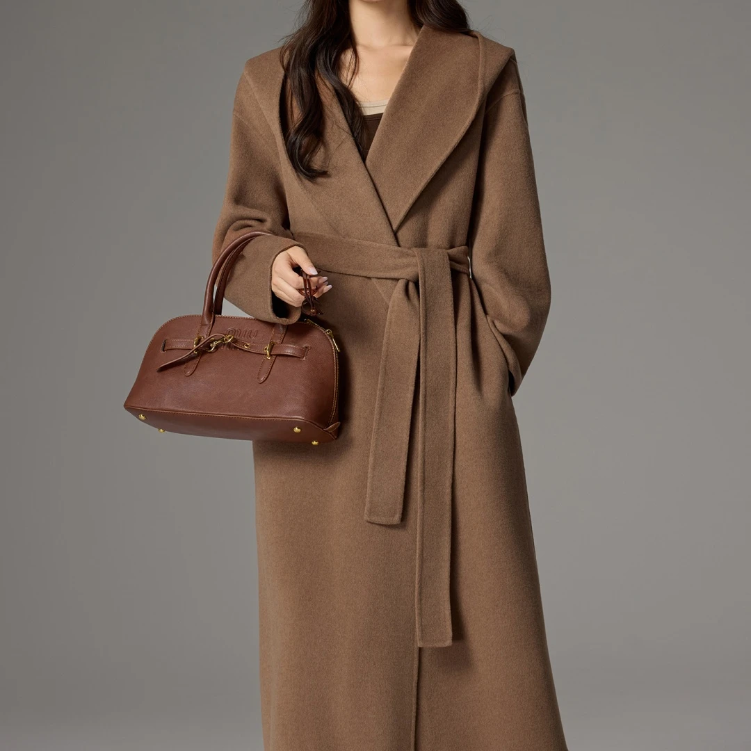 娅汀女士加厚长款羊绒大衣气质款连帽毛呢外套秋冬双面呢宽松