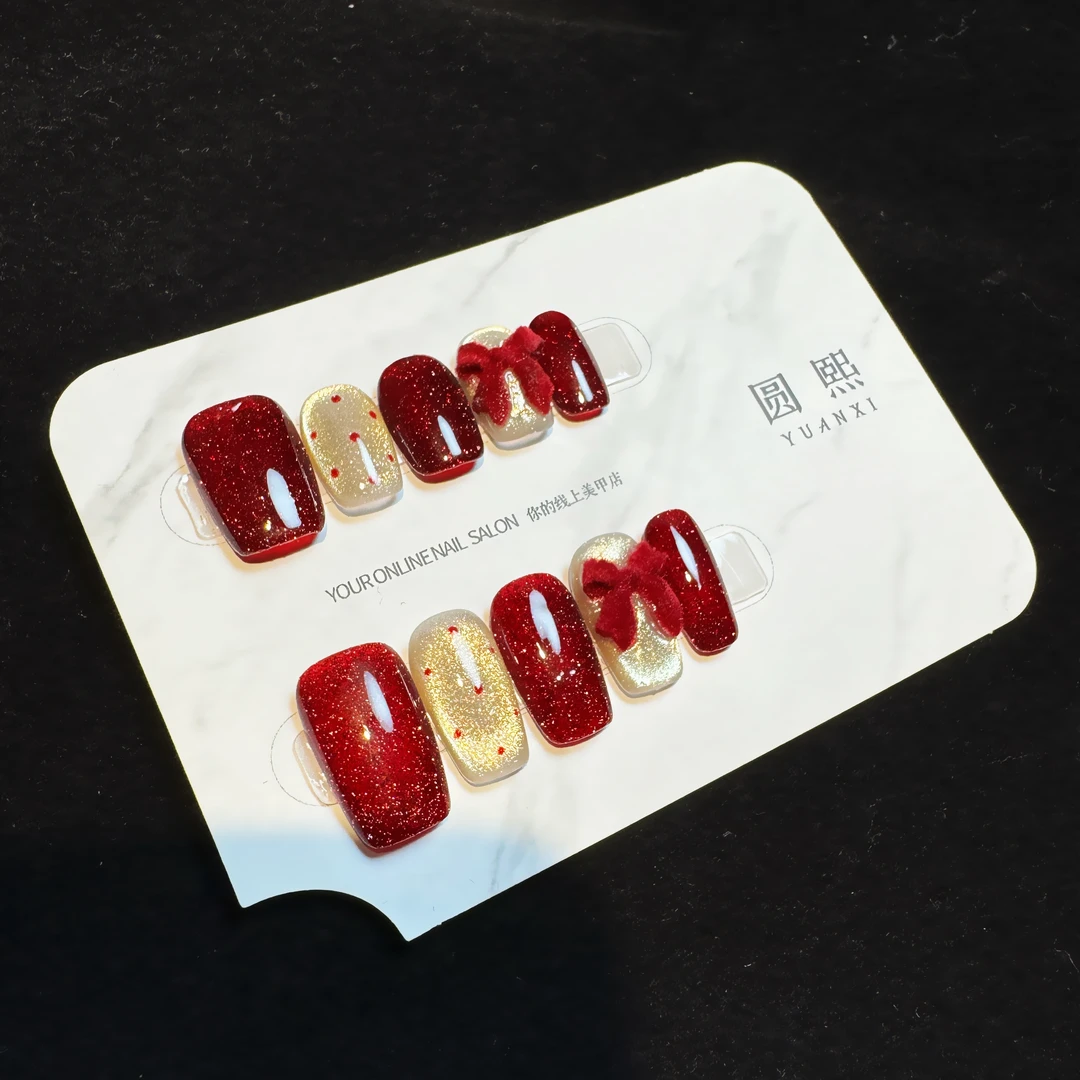 【在逃公主】新年红火喜庆纯手工丝绒蝴蝶结穿戴甲手工美甲