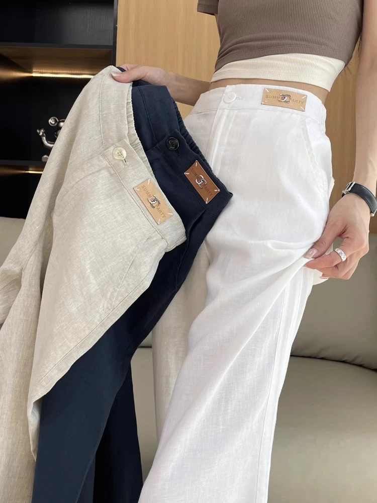 纯亚麻阔腿裤窄版女高腰半松紧薄款宽松显瘦轻薄透气直筒裤长裤