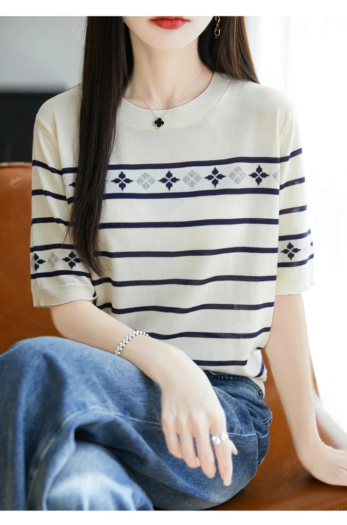 莱赛尔天丝菱形花条纹短袖 854