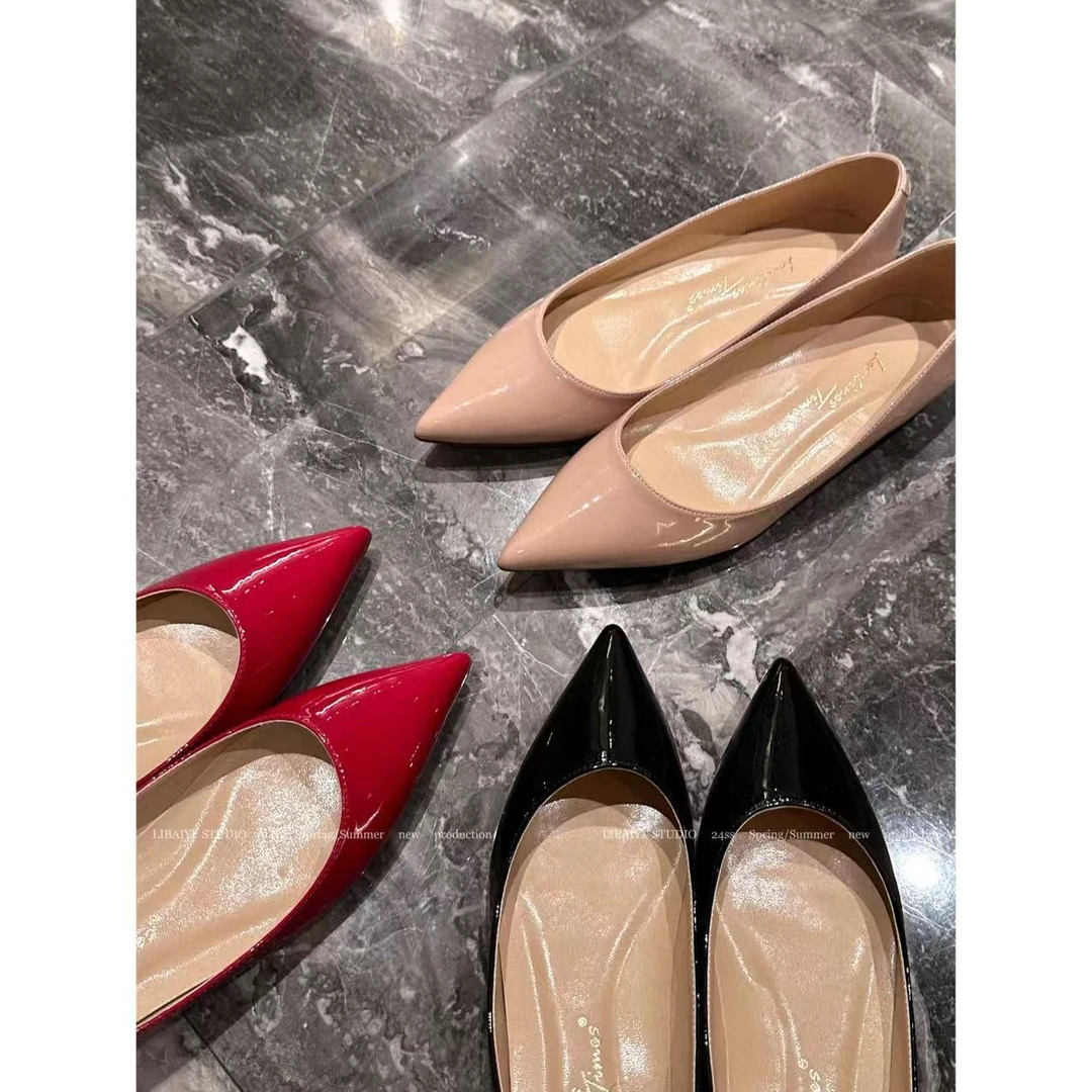 LIBAIYI 日常千金/女士尖头平底3cm漆皮纯色百搭休闲浅口单鞋1543