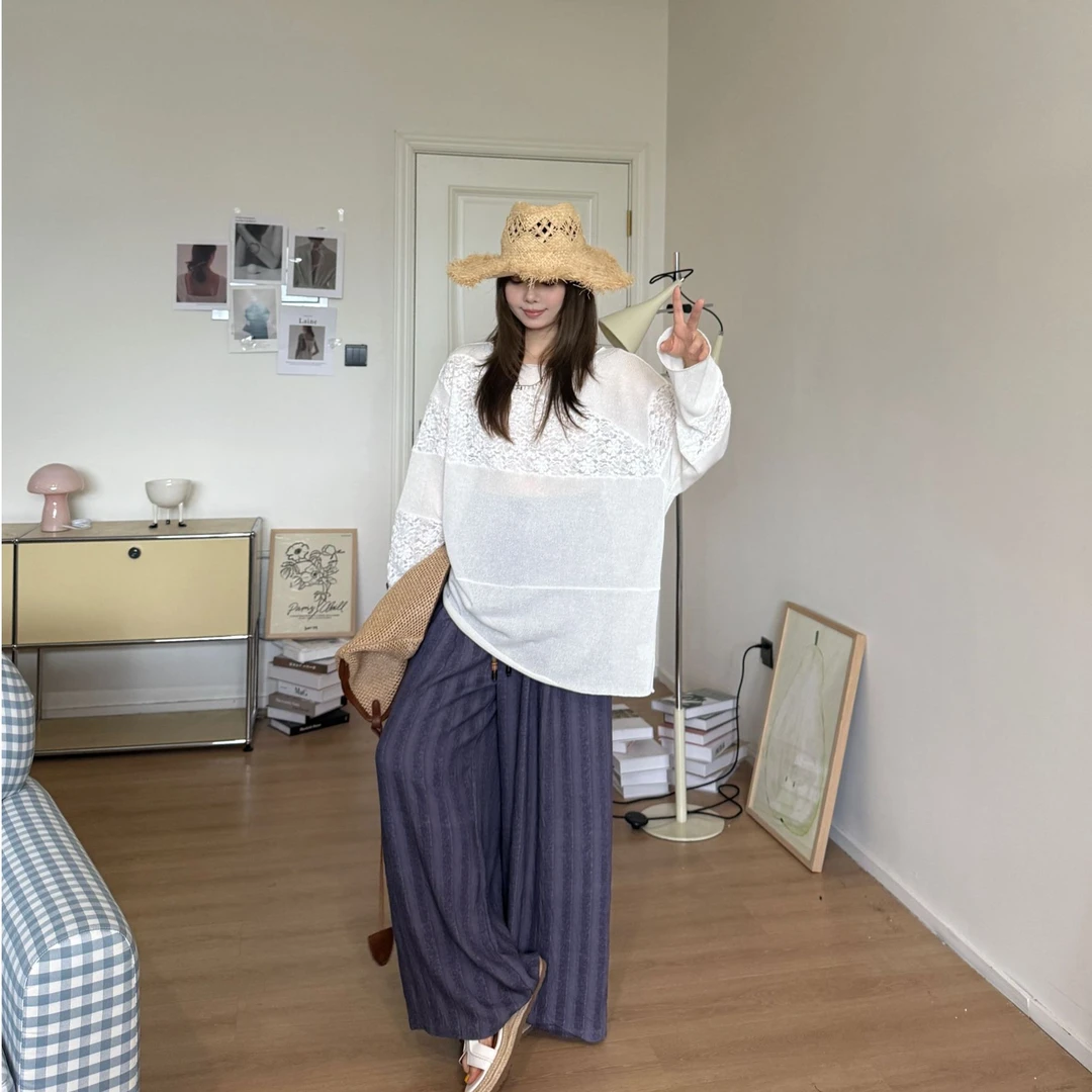 晶咕软软【椰影白沙】薄款宽松垂感设计感大领口钩花针织长