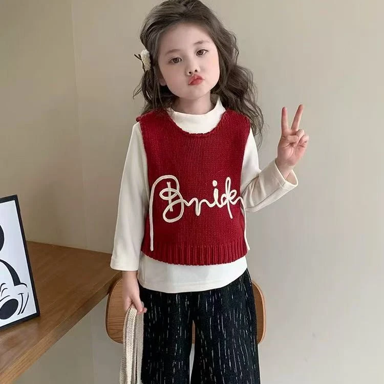 厚款春秋韩版套装休闲风针织女童坎肩秋季女字母百搭