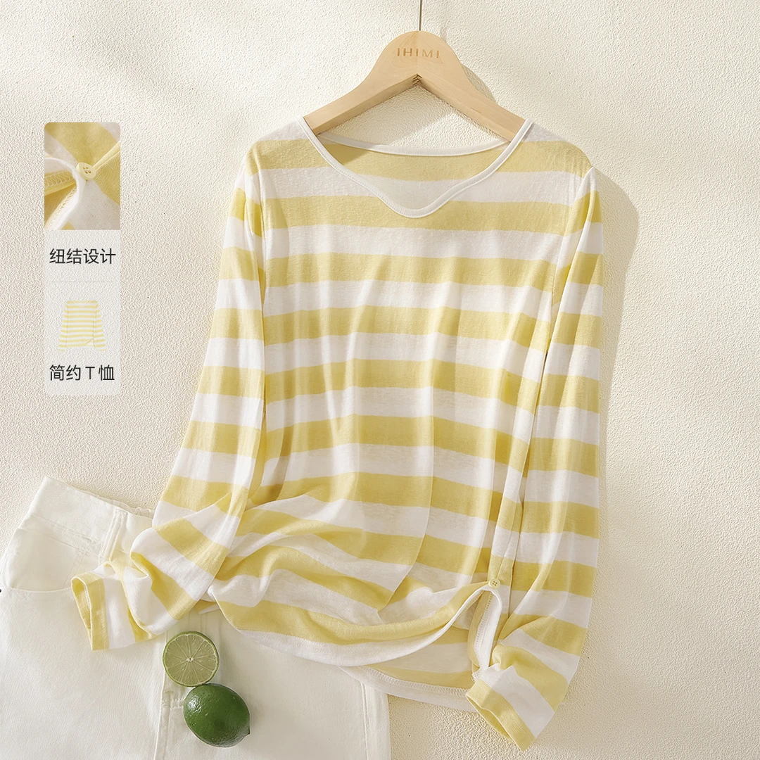 IHIMI/海谧扭结收腰条纹T恤2025秋季新款女休闲透气显瘦T恤女6104