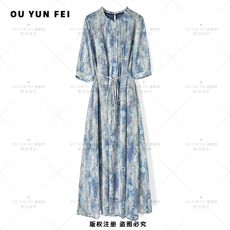 【一帘幽梦】蓝色印花显瘦常规七分袖连衣裙优雅夏季裙子HY1769