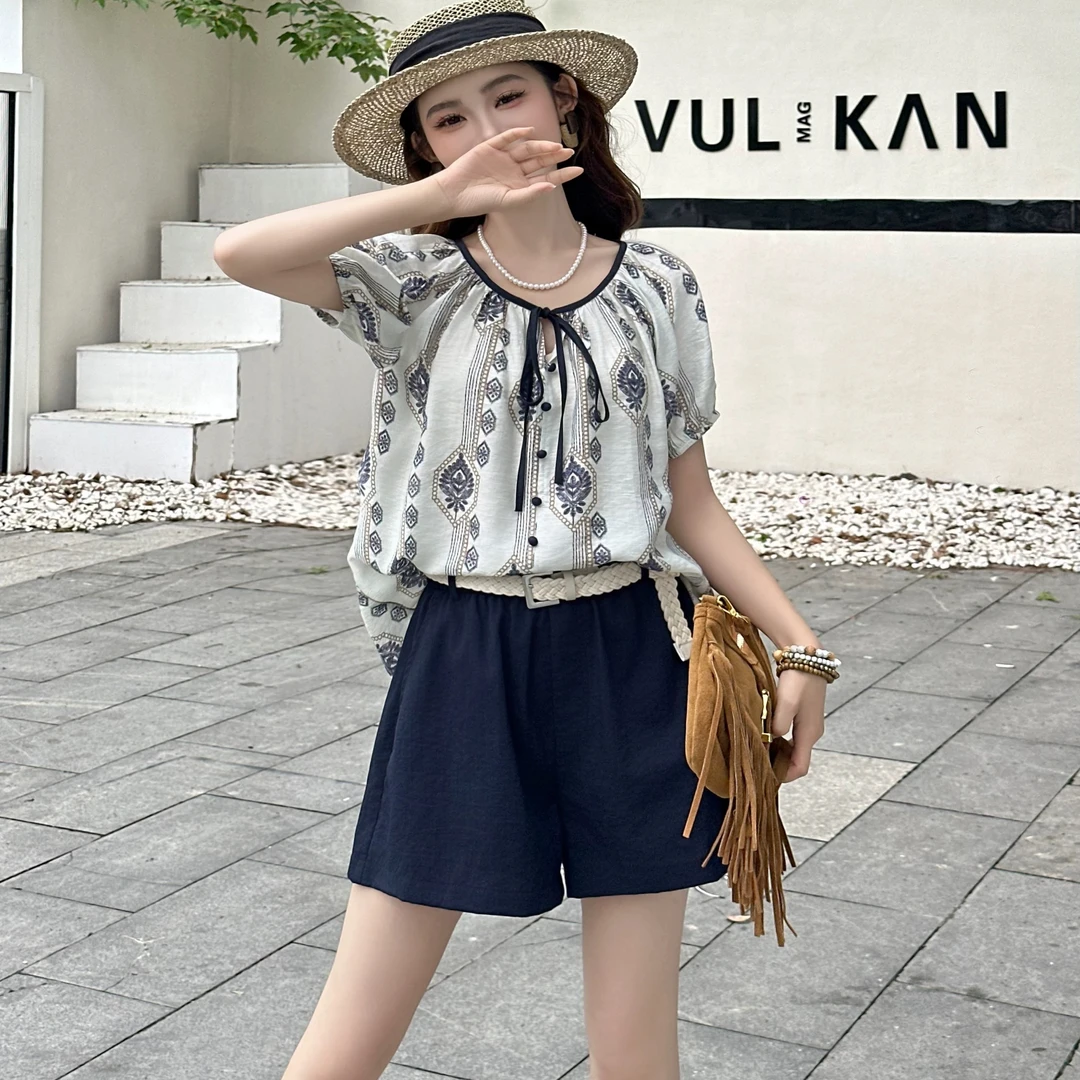 女装夏季新款法式设计感晕染印花百搭上衣+气质显瘦裤套装 0812 K