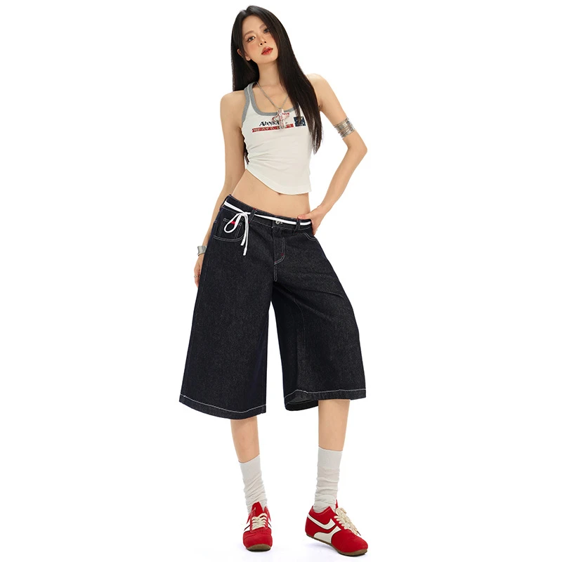 25thootd!美式深蓝七分牛仔裤女夏季高腰宽松阔腿直筒中裤