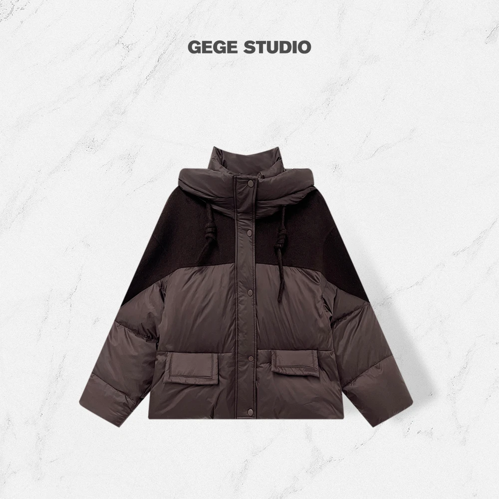 【格格】时尚拼接双面羊毛连帽百搭羽绒服