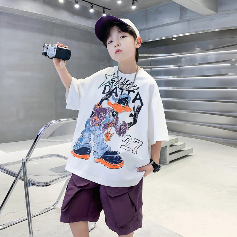 男童纯棉短袖套装2025新款夏装洋气酷帅男孩中大儿童夏款潮牌