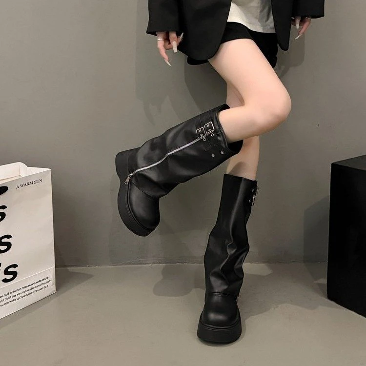 大头裤管靴女甜酷风堆堆靴厚底松糕西部靴不过膝长靴高筒骑士靴子