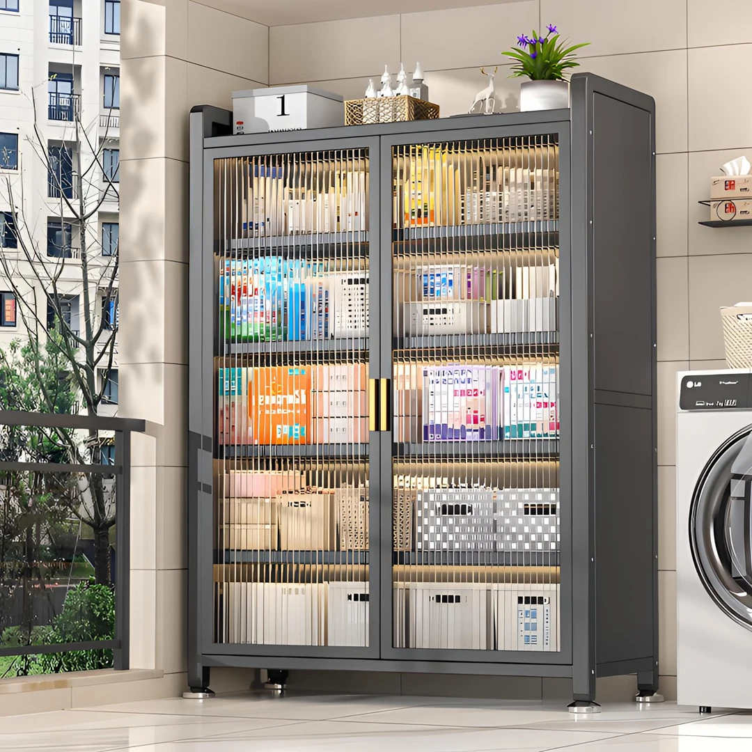 家用钢制置物收纳柜卧室阳台客厅多层一体靠墙柜子简易多功能衣柜