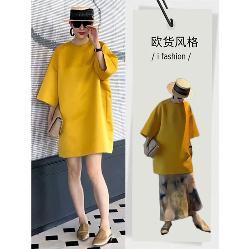 欧洲站2025夏季新款高级感宽松双缎面短袖连衣裙气质显瘦纯色短裙
