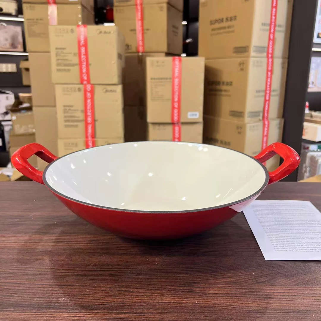 36cm铸铁珐琅家用双耳炒锅无涂层不挑灶具