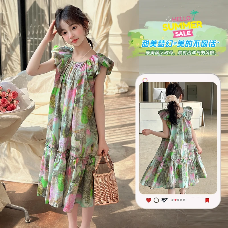 女孩12岁度假风洋气吊带裙子女童潮款连衣裙夏季儿童碎花公主裙潮