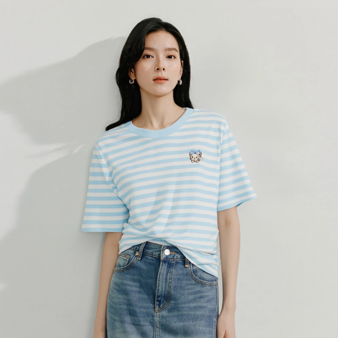 【欧若风新品】茵曼2025夏季新款女T恤短袖上衣纯棉条纹刺绣休闲