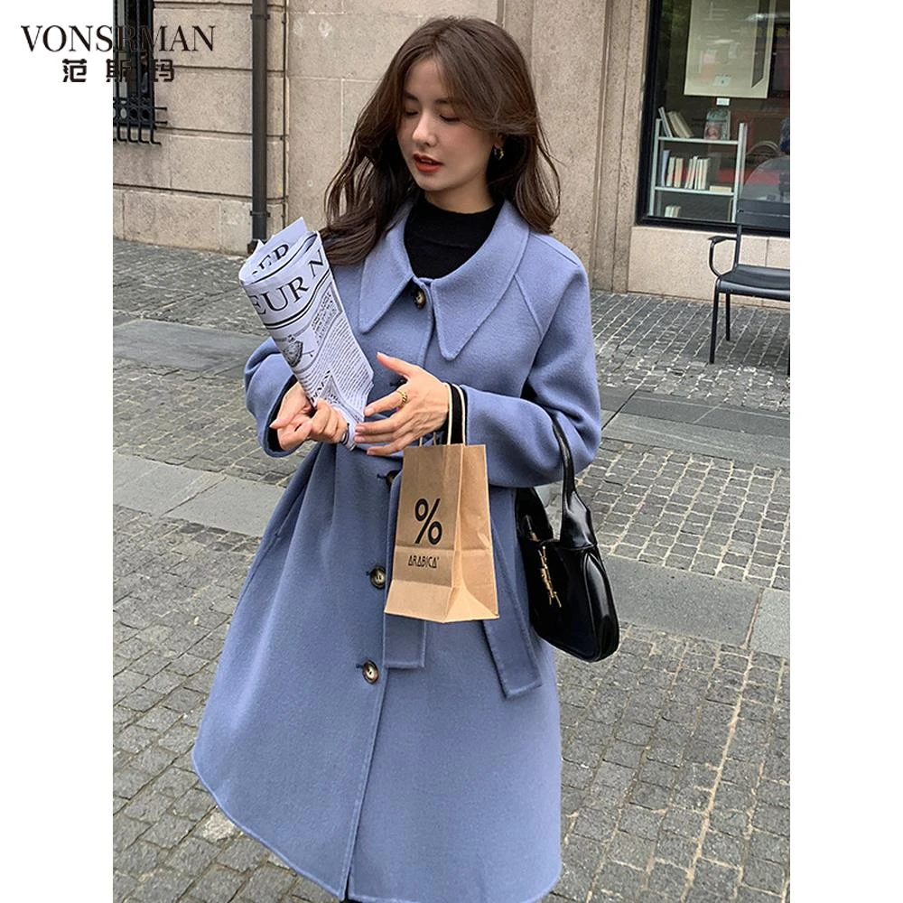 2025秋冬新款双面时尚大衣女中长款高端呢外套娃娃领高端加厚时尚