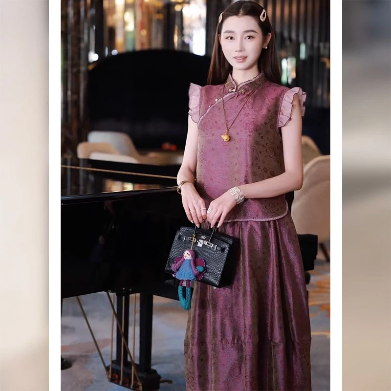 新中式国风女装上衣半裙套装2025夏季新款复古洋气衣服紫色两件套