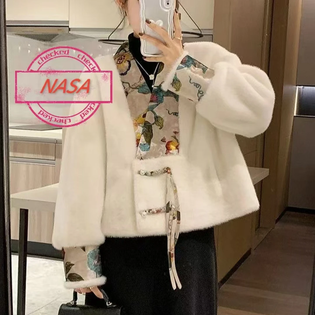 【简奢家具】NASA网红气质百搭中式盘扣仿水貂外套女短款国风毛毛