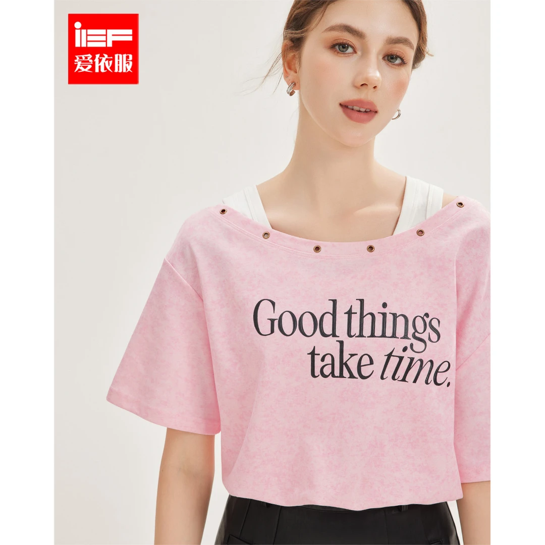 IEF/爱依服2025春季新款假两件纯欲辣妹印花设计别致上衣欧若风