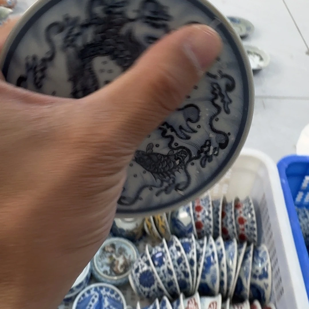 陶摆件青花鱼化龙盖置微瑕