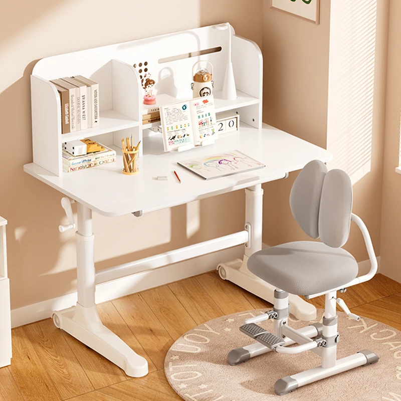 1米实木带书架升降家用小孩写字桌椅简约作业桌书桌椅写字台