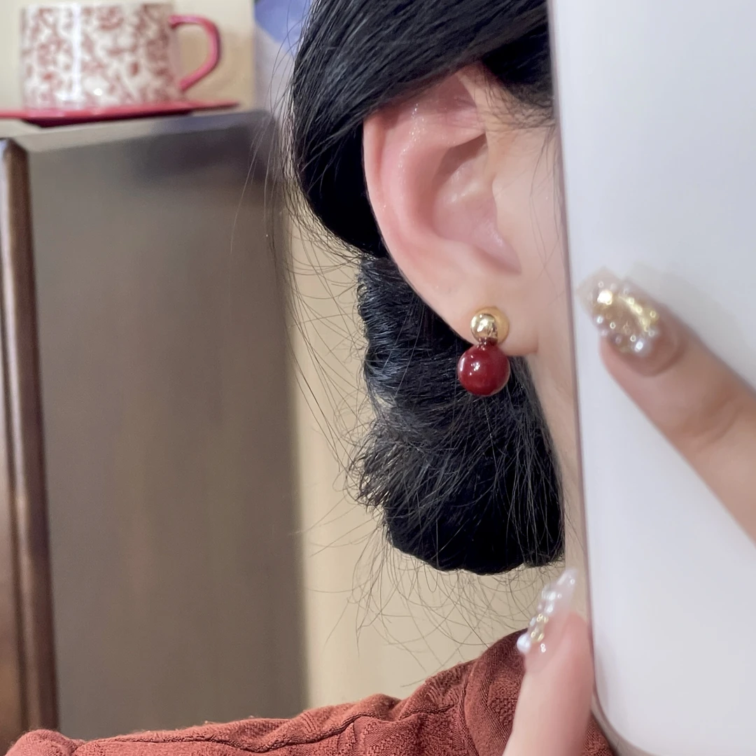 A-357 复古滴釉红色珠珠耳钉女设计感新年气质耳饰